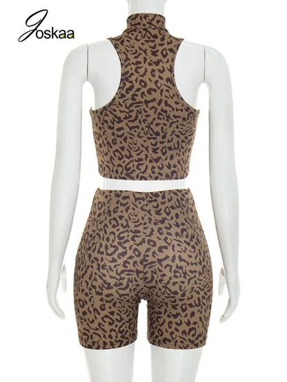 Women's Leopard Print Zip Up High Waist Two Piece Set - Detail View
