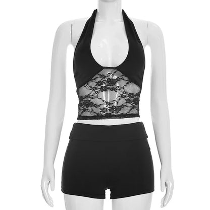Women's Lace Backless Halter Two Piece Set