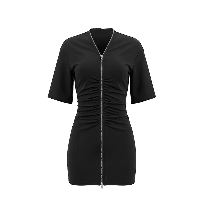 Women's Ruched V-neck Zip Up Bodycon Mini Dress - Detail View 6