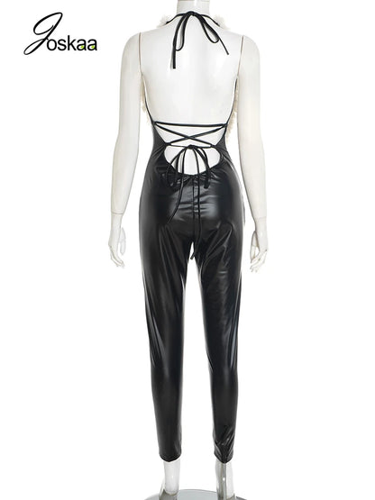 Women's Lace Faux Leather Backless Romper Black – Detail View