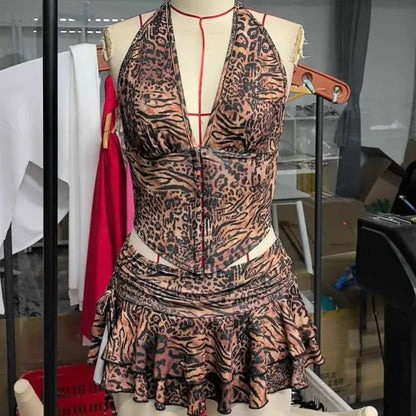 Women's Leopard Print Backless Halter Two Piece Set
