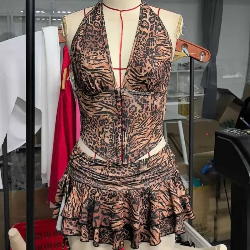 Women's Leopard Print Backless Halter Two Piece Set