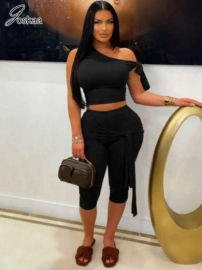 Women's One Shoulder Crop Sporty Oblique Two Piece Set – Women's Fashion Wholesale – Front View