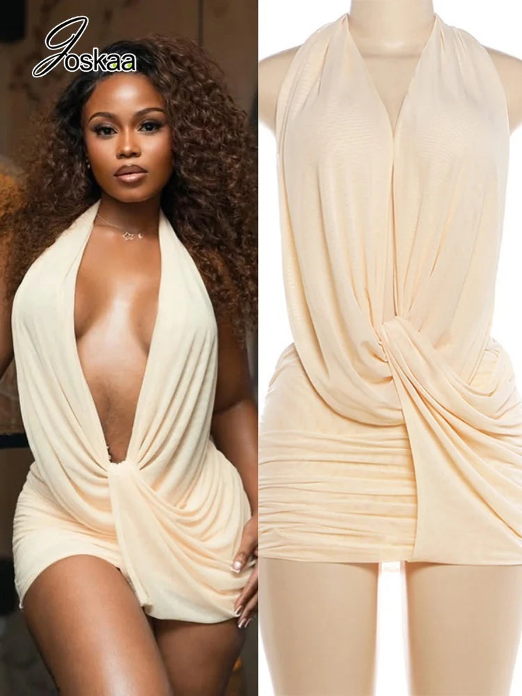 Women's Ruched Backless Halter Mini Dress – Women's Fashion Wholesale – Front View