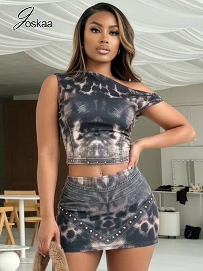 Women's Leopard Print Crop Mini Two Piece Set Gray – Side View