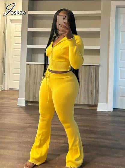 Women's Knit Long Sleeve Ribbed Zip Hooded Two Piece Set Black – Front View