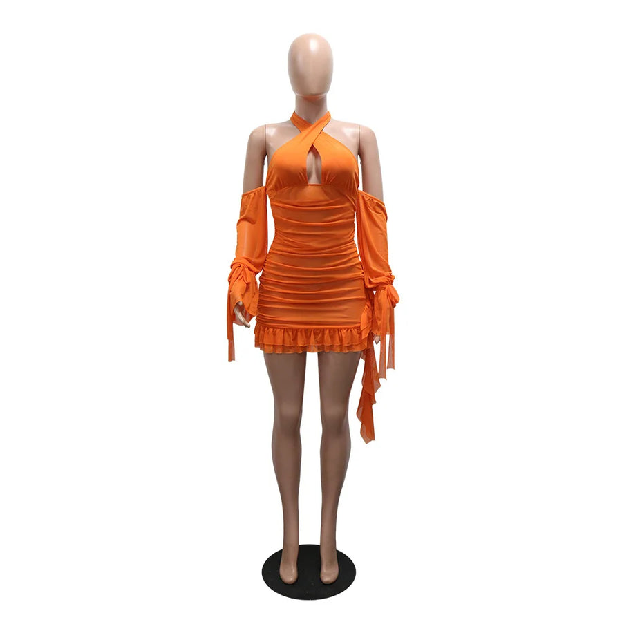 Joskaa Mesh Backless Halter Long Sleeve Mini Dress - mini dress image 7
