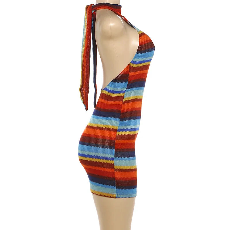 Women's Striped Ribbed Knit Halter Sleeveless Mini Dress - Model Wearing Style