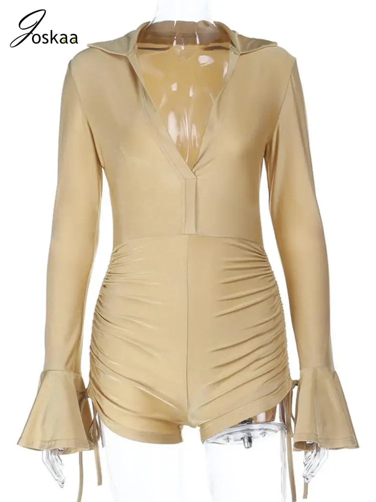 Women's Ruched Long Sleeve Bodycon Romper Khaki – Back View