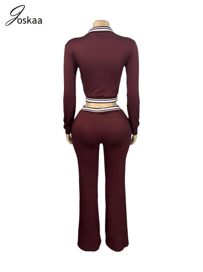 Women's Long Sleeve Crop Flare Two Piece Set White – Detail View