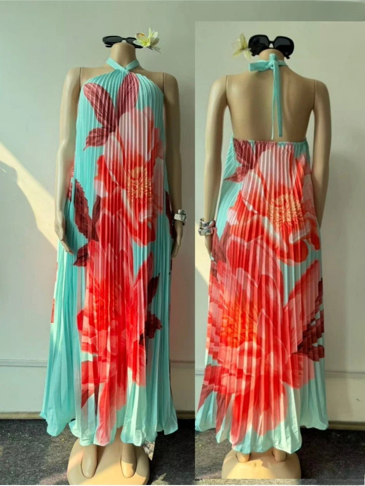 Women's Ruched Backless Halter Maxi Dress