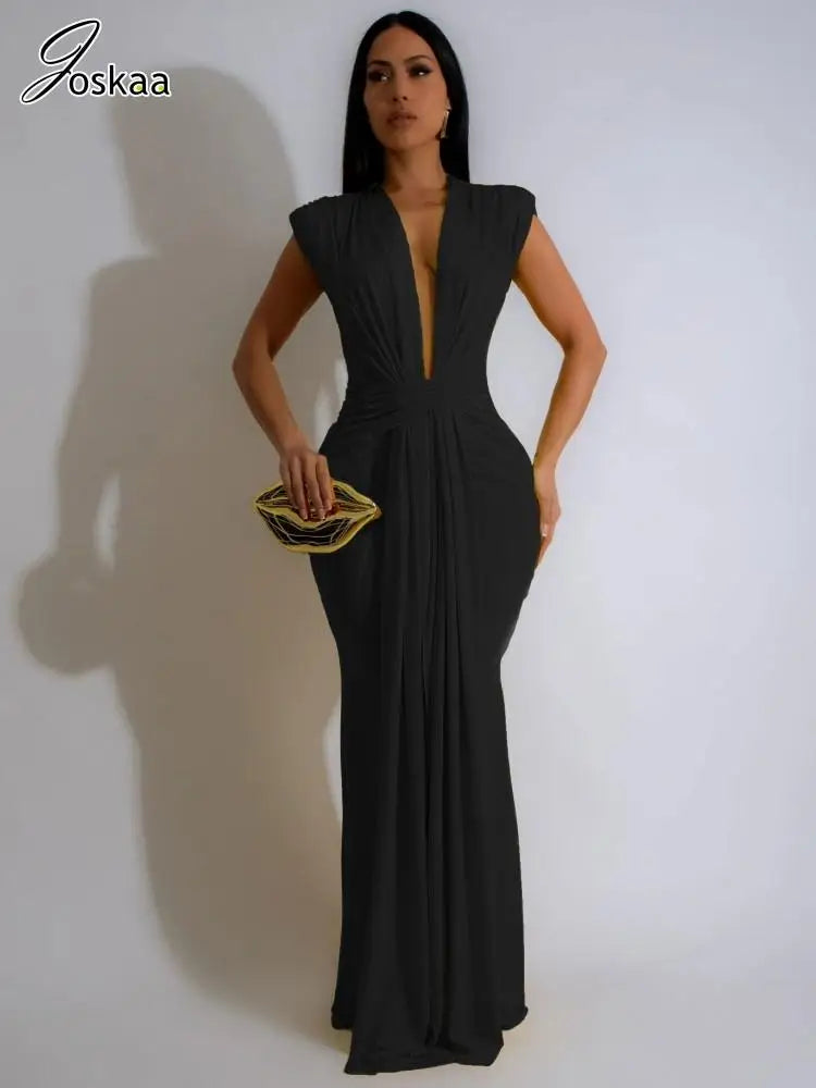 Women's Ruched Sleeveless Bodycon Maxi Dress Blue – Front View
