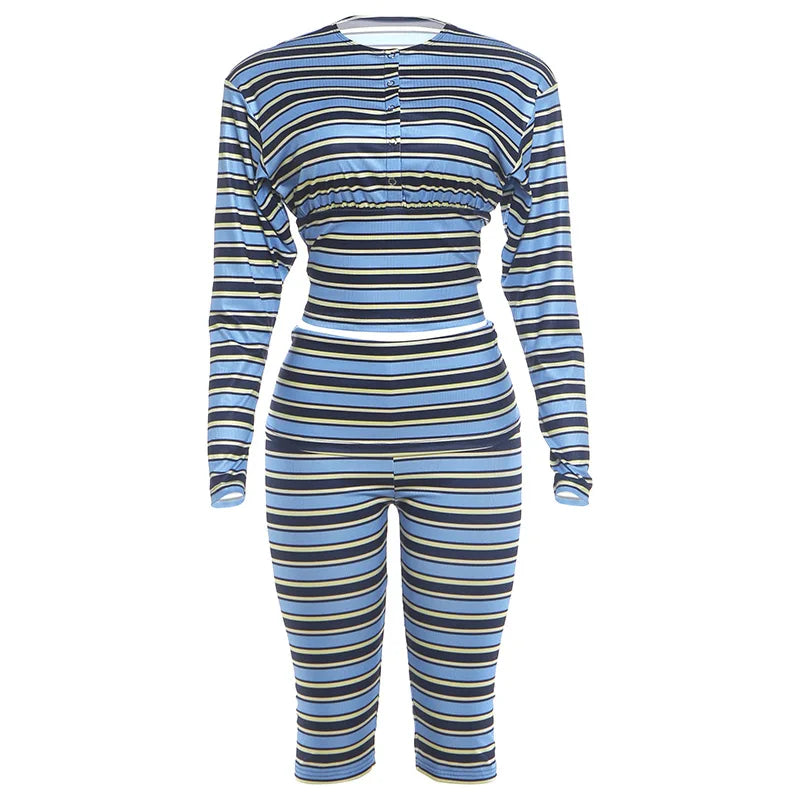 Women's Striped Long Sleeve Two Piece Set - Additional View 7