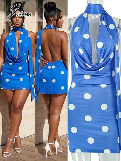 Women's Polka Dot Backless Halter Bodycon Mini Dress - Women's Fashion Wholesale - Front View