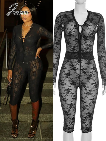 Women's Mesh Lace V-neck Long Sleeve Two Piece Set - Women's Fashion Wholesale - Front View