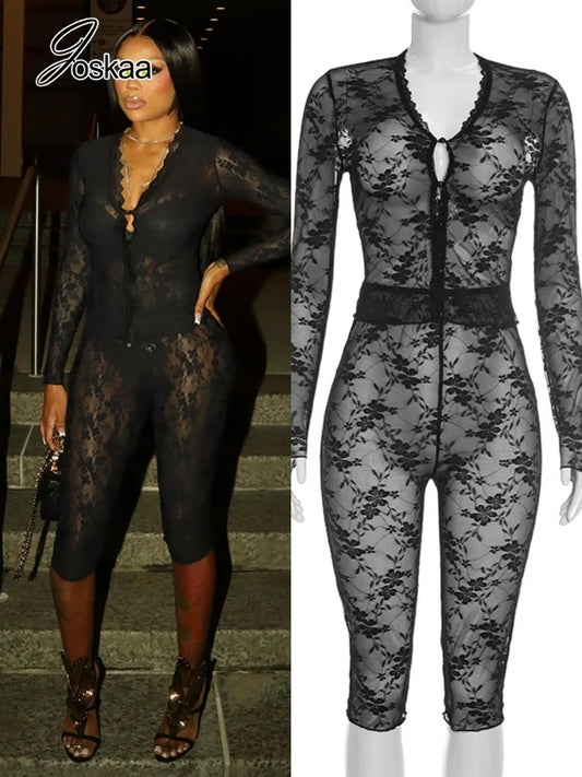 Women's Mesh Lace V-neck Long Sleeve Two Piece Set - Women's Fashion Wholesale - Front View