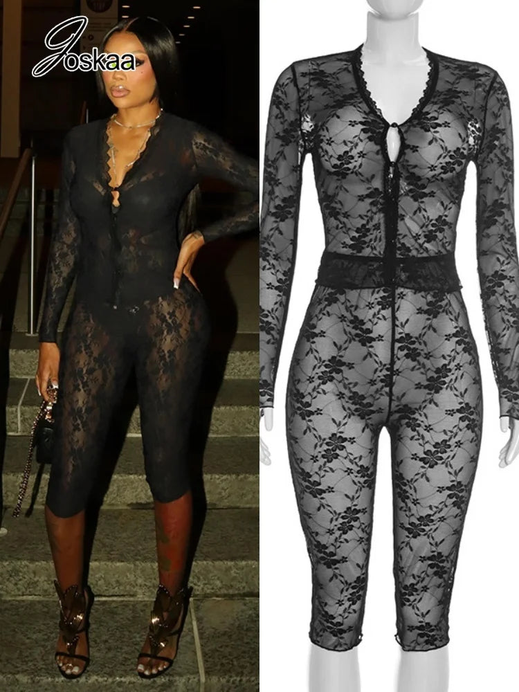 Women's Mesh Lace V-neck Long Sleeve Two Piece Set - Women's Fashion Wholesale - Front View