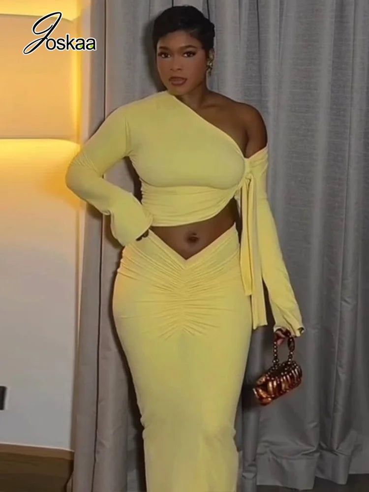 Women's Ruched Long Sleeve Maxi Two Piece Set Yellow – Front View