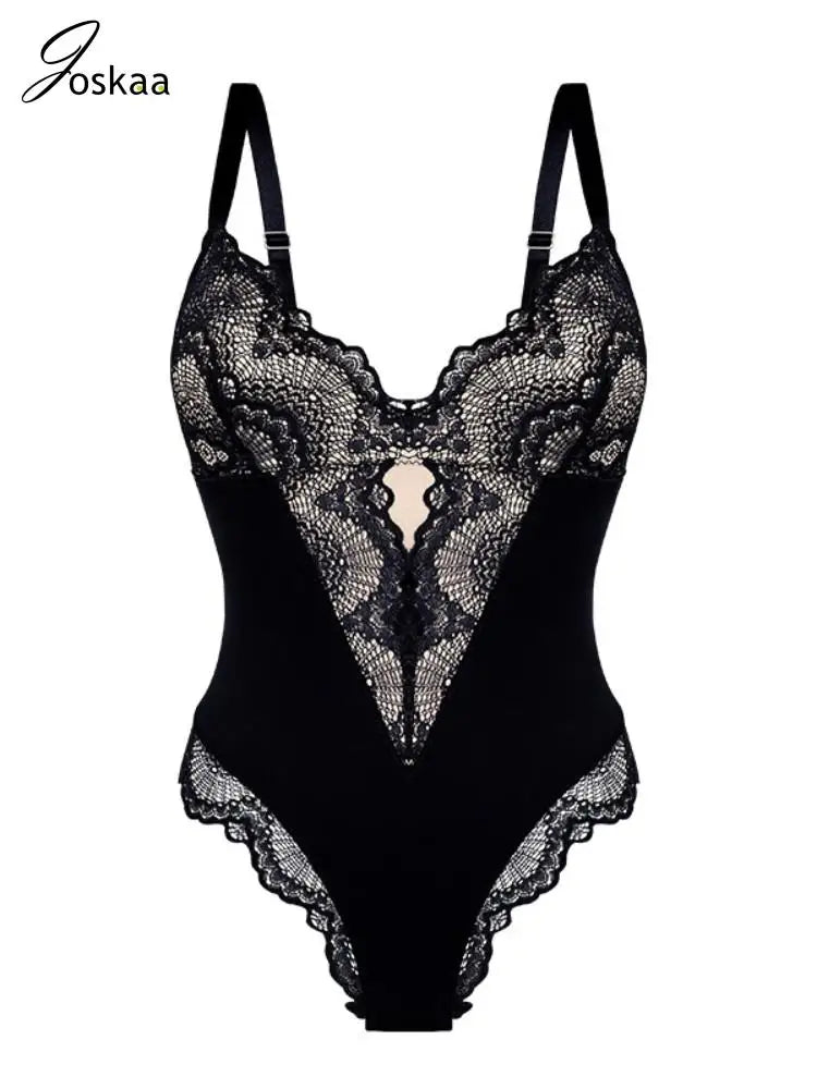 Women's Lace Patchwork Bodysuits V-neck Bodysuit – Women's Fashion Wholesale – Front View