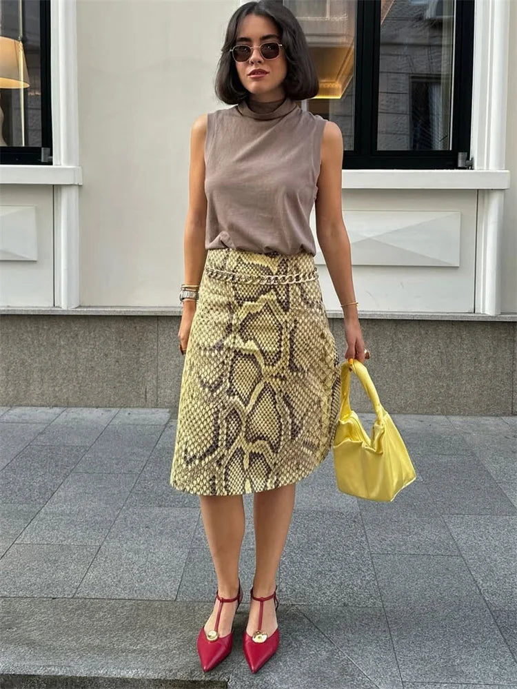 Wholesale Women's Snake Print High Waist Skirt Yellow – Back View