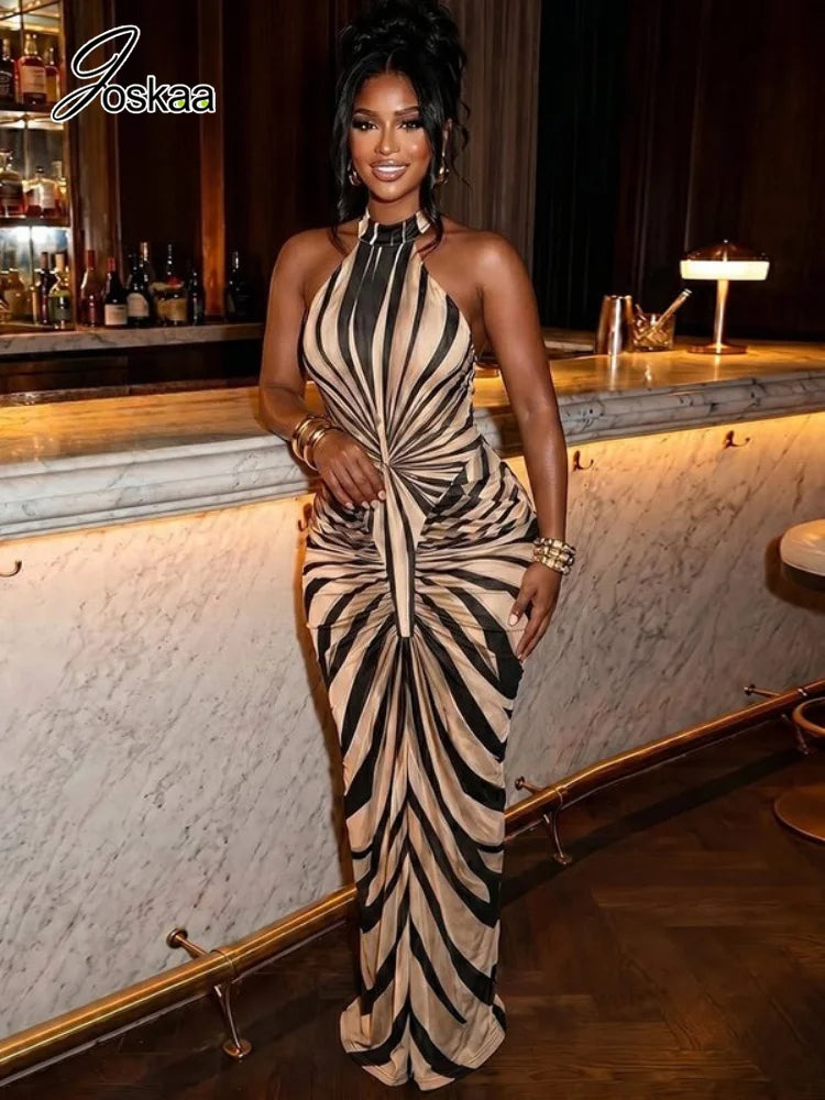 Women's Striped Ruched Sleeveless Bodycon Maxi Dress - Side View