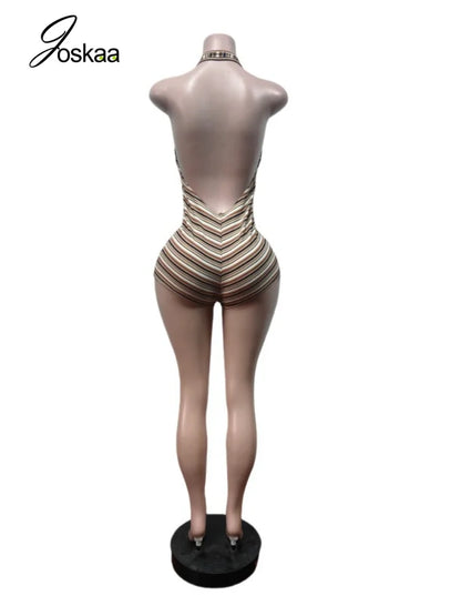 Women's Striped Backless V-neck Halter Romper - Model Wearing Style