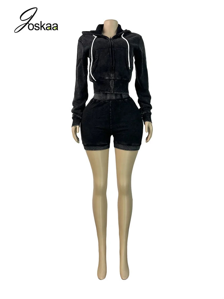 Women's Long Sleeve Zip Hooded Two Piece Set Green – Back View