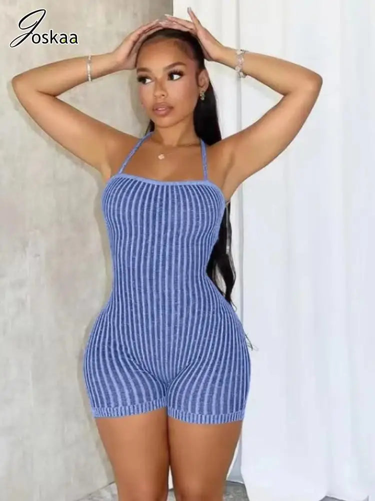 Women's Stripe Knit Backless Bodycon Romper Pink – Front View
