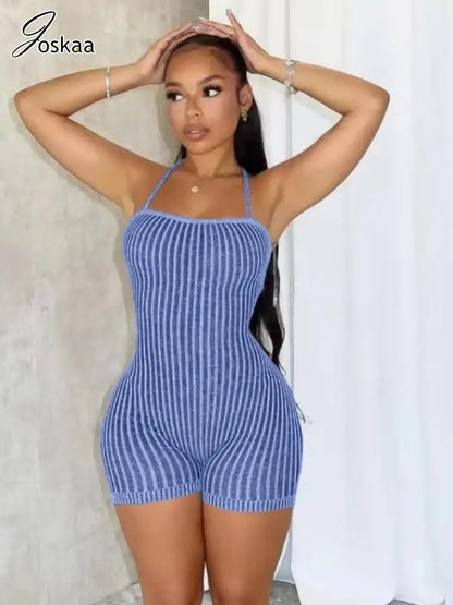 Women's Stripe Knit Backless Bodycon Romper Pink – Front View