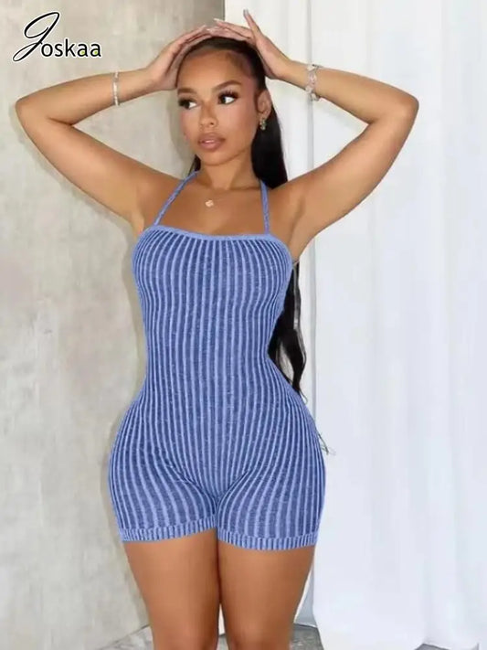 Women's Stripe Knit Backless Bodycon Romper Pink – Front View