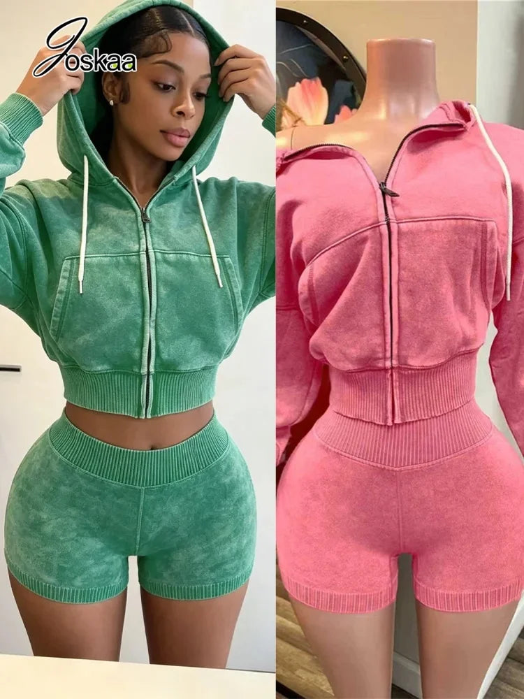 Women's Long Sleeve Zip Hooded Two Piece Set – Women's Fashion Wholesale – Front View