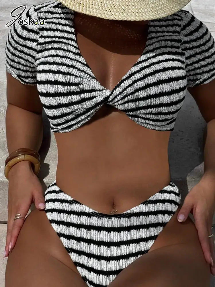 Women's Stripe Short Sleeve Swimwear Bikini Set Black And White – Side View