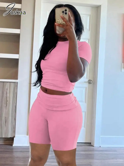 Women's Ruched Short Sleeve Crop Two Piece Set Light Grey – Front View