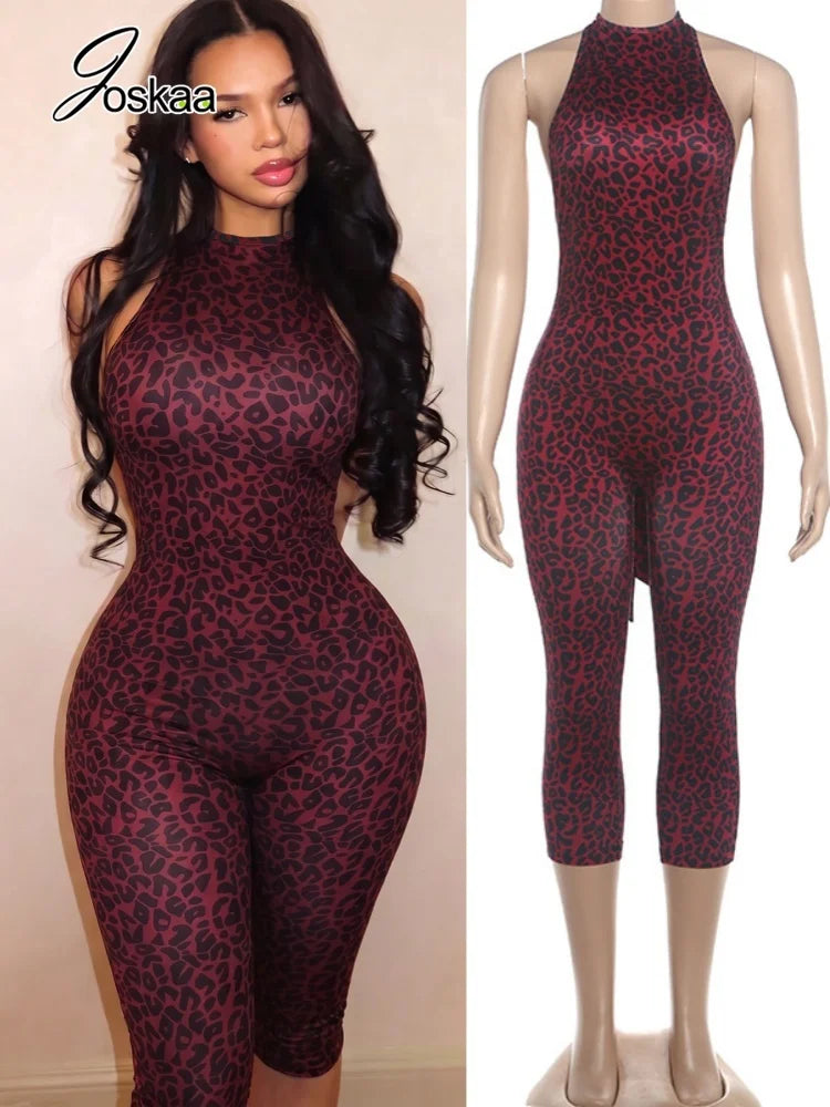 Women's Leopard Print Backless Halter Sleeveless Romper - Women's Fashion Wholesale - Front View