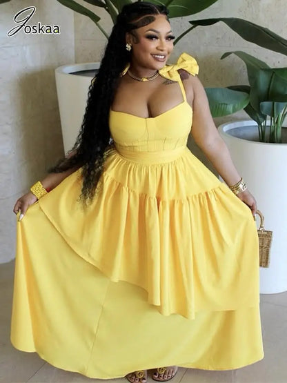 Wholesale Women's Bow Tie Neck Maxi Dress Lemon Yellow – Front View
