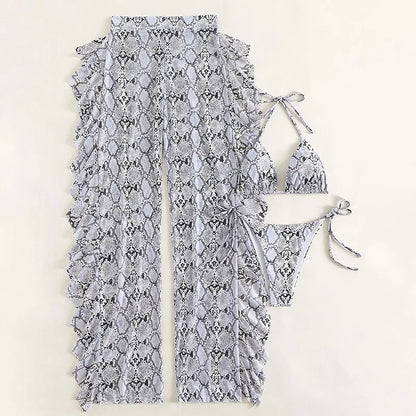 Women's Snake Print Mesh Halter Bikini Set