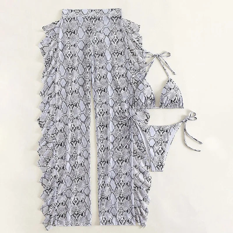 Women's Snake Print Mesh Halter Bikini Set