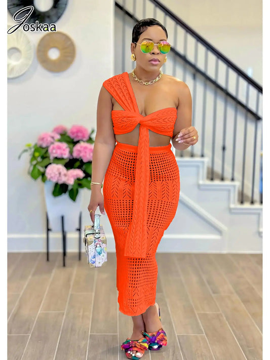 Women's Knit Cutout Ribbed Two Piece Set Orange – Front View