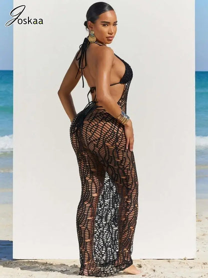 Women's Knit Backless Halter Maxi Bikini Set Rose Red – Back View