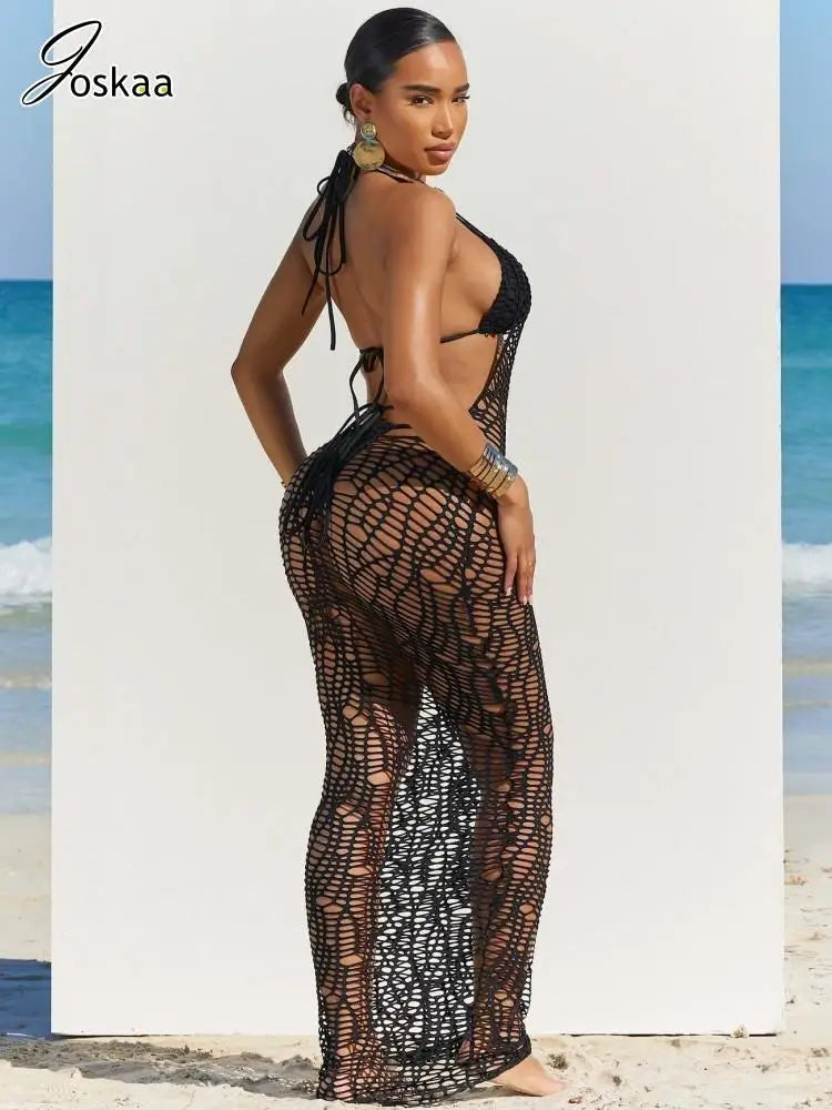 Women's Knit Backless Halter Maxi Bikini Set Rose Red – Back View
