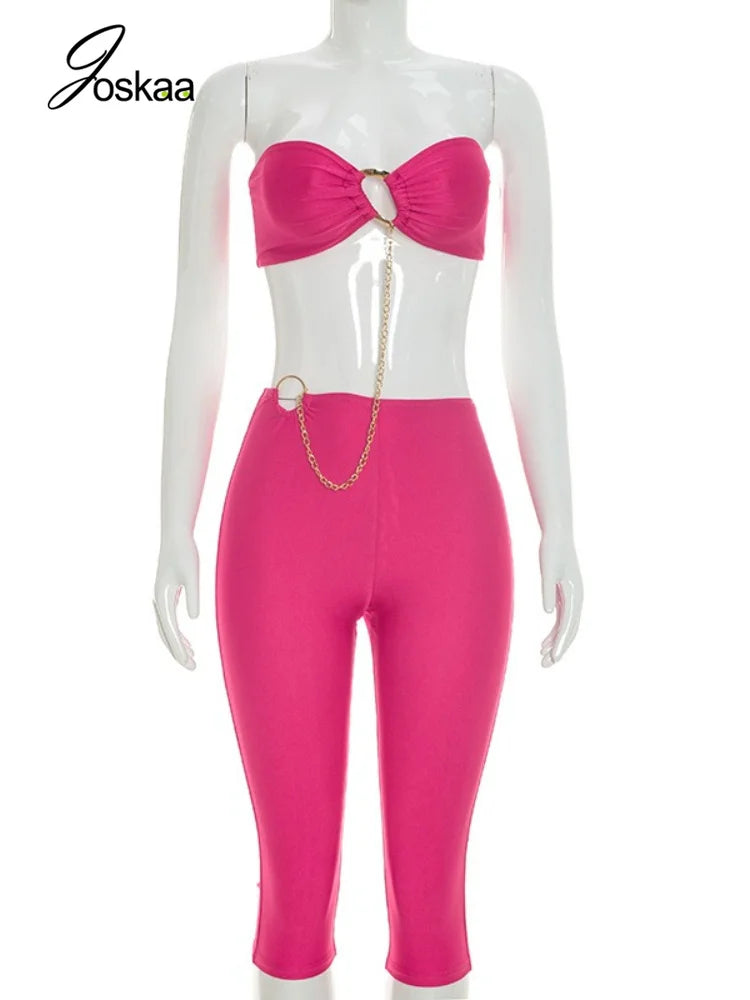 Women's Strapless Crop High Waist Two Piece Set Rose Red – Back View
