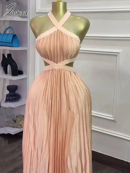 Women's Backless Cutout Halter Maxi Dress Pink – Front View