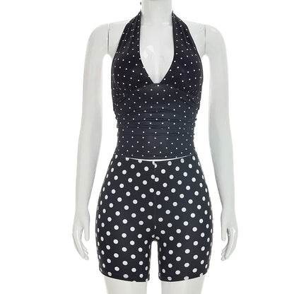 Women's Polka Dot Ruched V-neck Halter Two Piece Set - Additional View 9