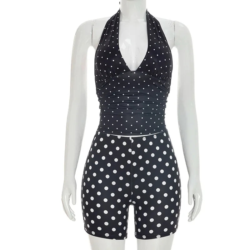Women's Polka Dot Ruched V-neck Halter Two Piece Set - Additional View 9