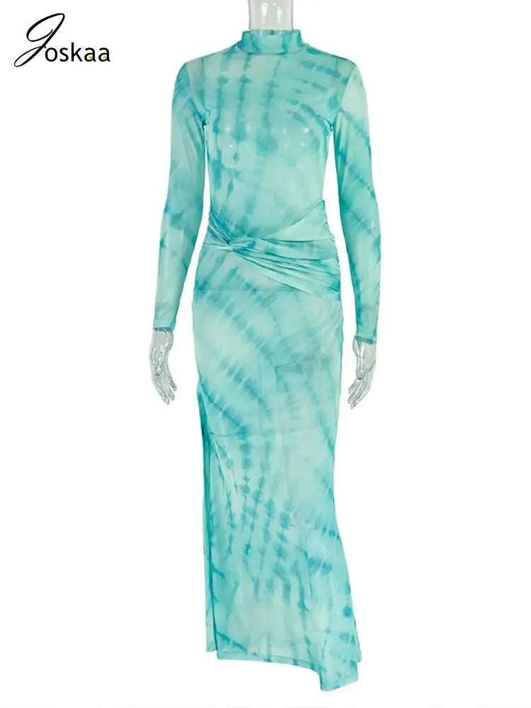 Women's Mesh Ruched Long Sleeve Bodycon Dress Green – Back View