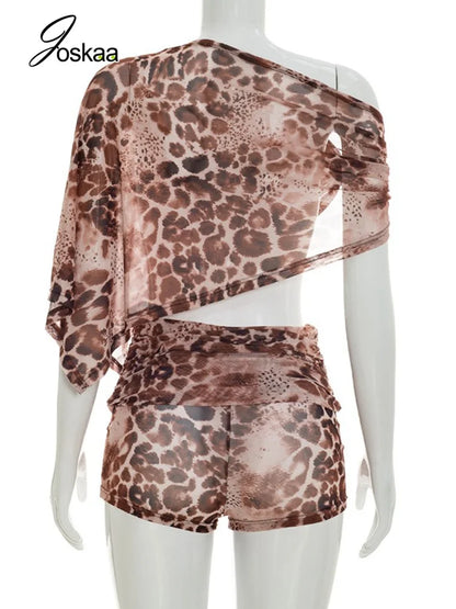 Women's Leopard Print Mesh Ruched Two Piece Set Red – Detail View