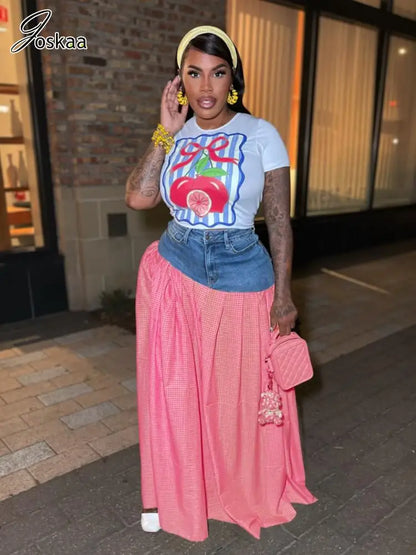 Women's Denim Short Sleeve Crop Two Piece Set Red – Back View