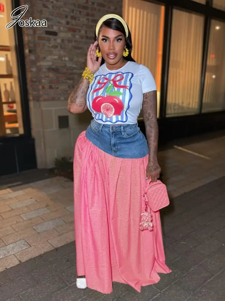 Women's Denim Short Sleeve Crop Two Piece Set Red – Back View