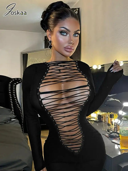Wholesale Women's Cutout Long Sleeve Mini Dress Black Long Dress – Front View