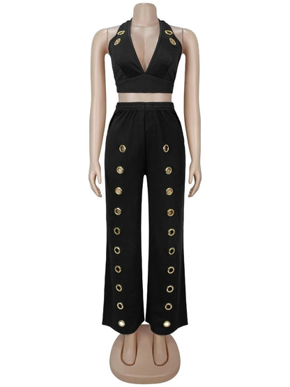 Women's Backless Halter Crop Two Piece Set